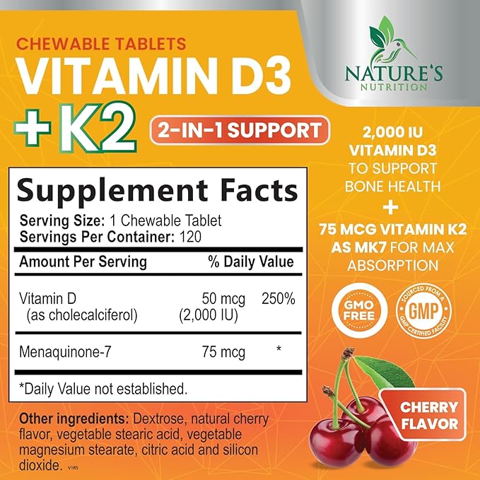 Vitamin D 2000 IU 50mcg Per Tablet - Vitamins D3 & K2 (MK7) Complex Supplement for Bone, Teeth, Muscle, Calcium Absorption, Supports Immune & Heart Health, Chewable Formula USA Bottled - 120 Tablets