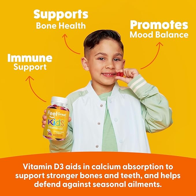 Feel Great Kids Vitamin D3 1000 IU Gummies (2-Pack) | Kids Vitamin D Gummies for Healthy Bones, Mood, & Immune Support | Citrus Flavored Vegetarian D3