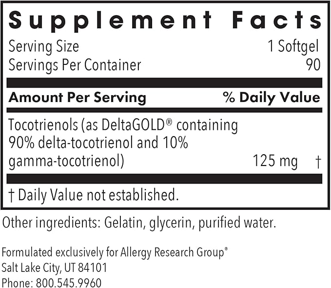 Allergy Research Group ARG Delta-Fraction Tocotrienols 50 mg- 100 mg Tocotrienols per Serving - Antioxidant Support - Hypoallergenic - 90 Servings - 90 Softgels