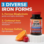Iron Supplement, 3-in-1 65mg Iron Complex Ferrous Bisglycinate, Sulfate, Carbonyl Iron with Natural Vitamin C, Stomach Friendly Iron Pills for Blood Building, High Absorption, Non GMO, 60 Vegan Tabs