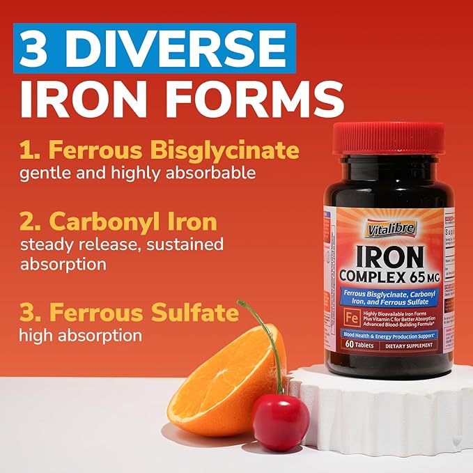 Iron Supplement, 3-in-1 65mg Iron Complex Ferrous Bisglycinate, Sulfate, Carbonyl Iron with Natural Vitamin C, Stomach Friendly Iron Pills for Blood Building, High Absorption, Non GMO, 60 Vegan Tabs