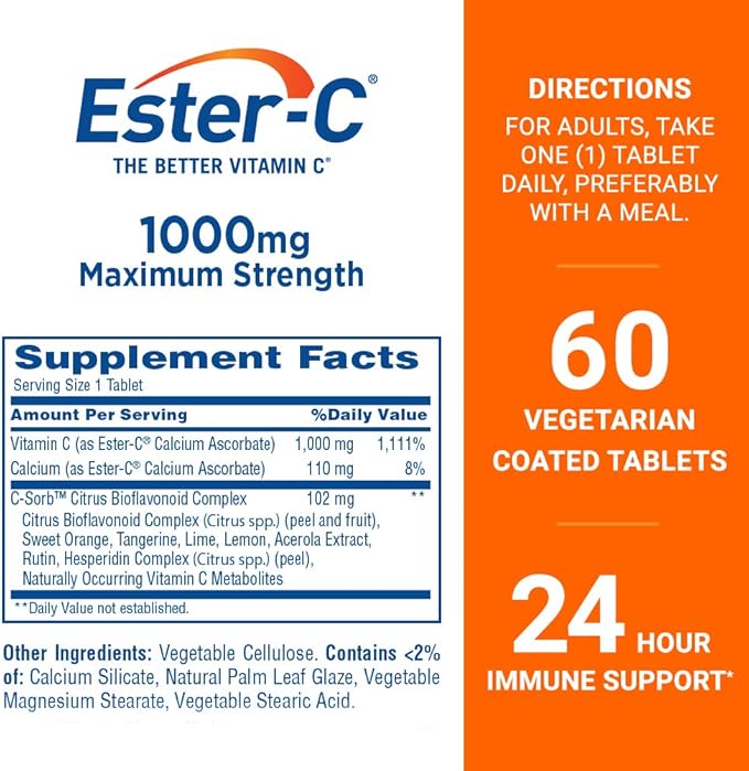 Ester-C Vitamin C, 1,000 mg, 60 Coated Tablets (Packaging May Vary)