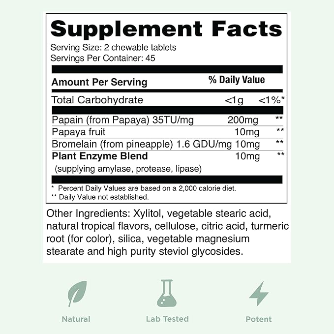 Yuve Naturals Chewable Papaya Enzymes - Sugar-Free Plant-Based Digestive Enzyme Complex for Gas, Bloating & Post-Meal Comfort - Vegan, Non-GMO, Gluten-Free - 90ct