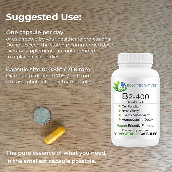 B2-400 Pure Riboflavin - Nervous System Health, Homocysteine Detox, Cardiovascular, Helps Boost Energy, Mental Clarity, Metabolism and Cell Function (60, Unflavored)