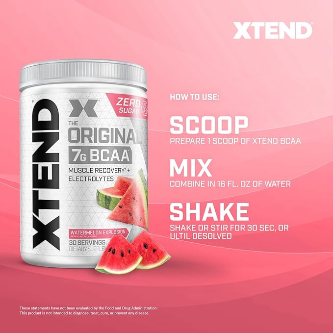 Xtend Original BCAA Powder, 7g BCAAs and 2.5g L-Glutamine for Muscle Recovery Hydration and Lean Muscle, Sugar Free Intra and Post Workout Drink with Electrolytes, Watermelon Explosion, 30 Servings