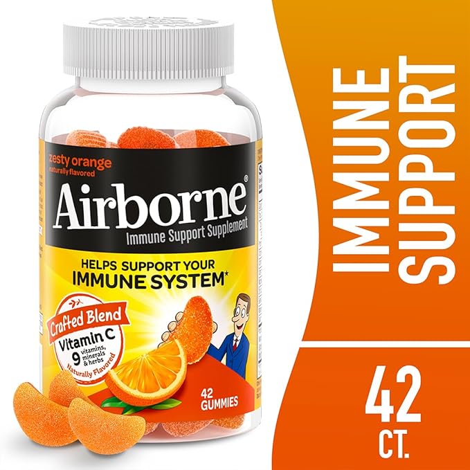Airborne 750mg Vitamin C Immune Support Supplement Gummies for Adults, Zesty Orange Flavor, Gluten Free Crafted Blend with Powerful Antioxidants Vitamins C & E, 42 Gummies (3 Pack)