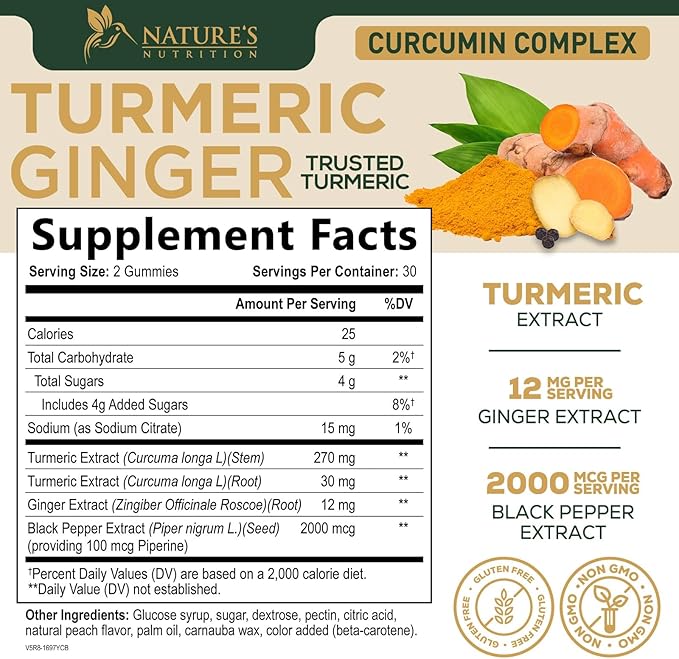 Turmeric Curcumin Supplement Gummies - 95% Curcuminoids with Turmeric & Ginger, Black Pepper for Best Absorption, Nature's Vegan Joint Support, Non-GMO, Gluten Free, Tasty Peach Flavor - 60 Gummies