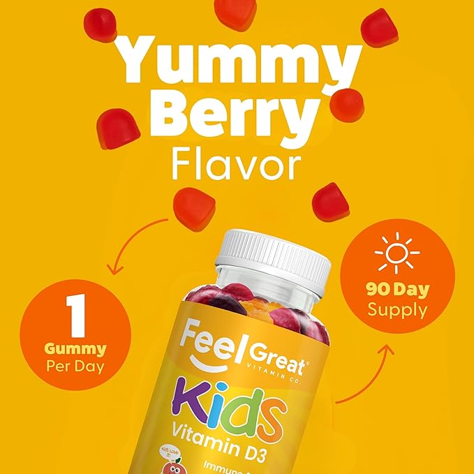 Feel Great Kids Vitamin D3 1000 IU | Kids Vitamin D Gummies for Healthy Bones, Mood, & Immune Support | Citrus Flavored Vegetarian D3 Gummies | 90 Day Supply