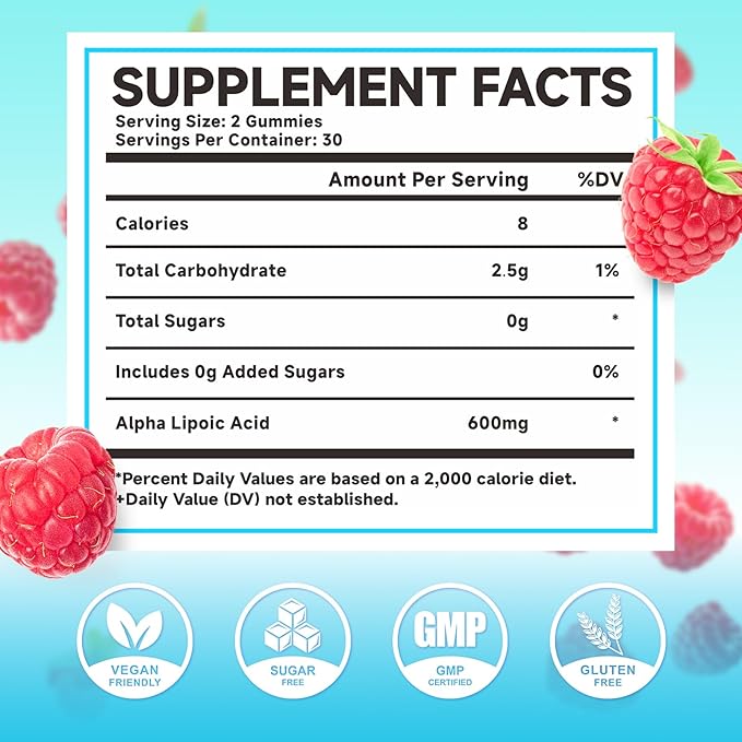 2 Pack Alpha Lipoic Acid Gummies 600mg - ALA Supplement for Antioxidant Support, Vegan, Sugar-Free, Raspberry Flavor, 120 Count
