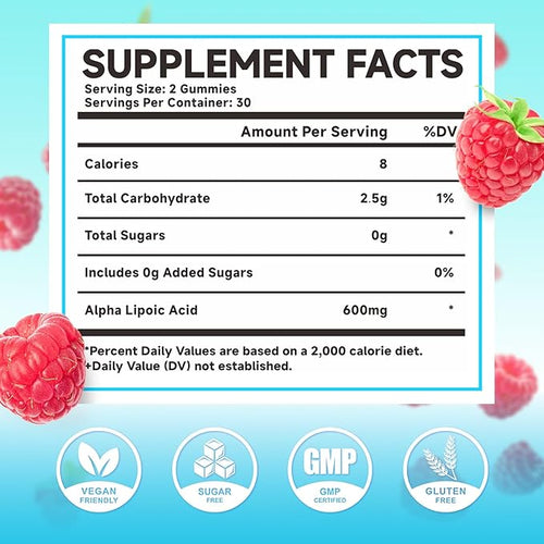 2 Pack Alpha Lipoic Acid Gummies 600mg - ALA Supplement for Antioxidant Support, Vegan, Sugar-Free, Raspberry Flavor, 120 Count