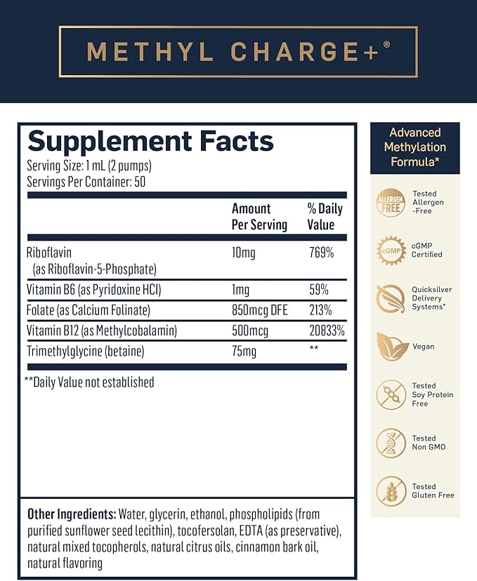 Quicksilver Scientific Methyl Charge - Methylation, Liver, Detox + Energy Supplement - Folate, Vitamin B12, Riboflavin, Vitamin B6 + TMG Supplement with Superior Absorption - Vegan B Vitamins (50ml)
