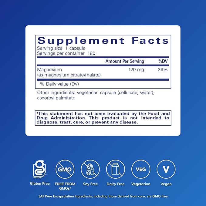 Pure Encapsulations Magnesium (Citrate/Malate) - Magnesium Supplement to Support Nutrient Utilization, Energy, Bones & Heart Health* - with Magnesium Citrate & Malate - 180 Capsules
