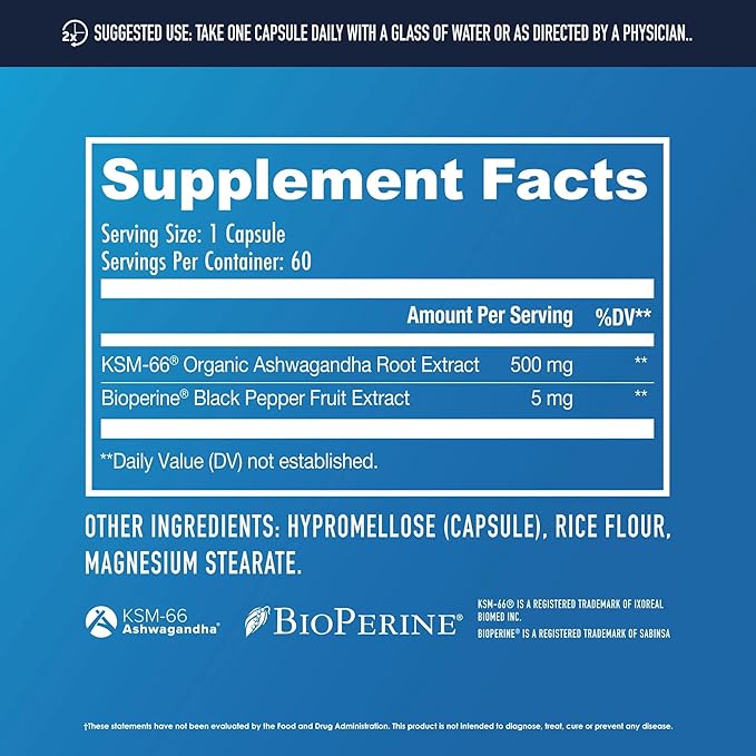 NuEthix Formulations Ashwagandha KSM 66, 500mg of KSM-66 Root Extract, Mood, Stress, & Cognitive Support, BioPerine Black Pepper Extract, Gluten Free, Vegetarian, Non-GMO, & Dairy Free, 60 Servings
