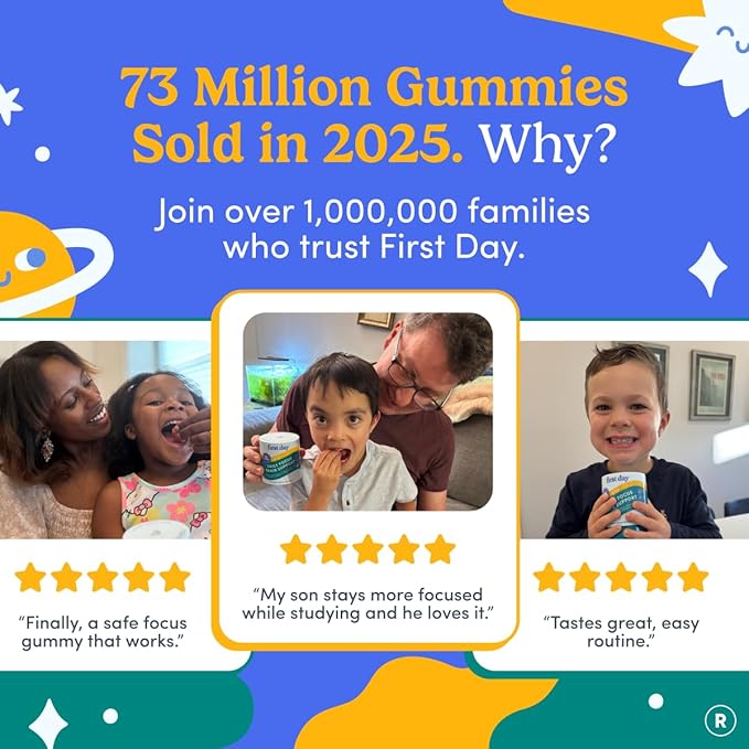FIRST DAY Kids Focus & Brain Supplement Gummies Ages 4+ | Attention & Calm Support with Cognizin® Citicoline & Phosphatidylserine | Organic, Vegan | 30-Day Supply