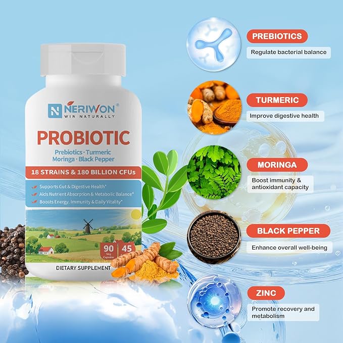 Probiotics 180 Billion CFU 18 Strains for Women & Men, Digestive Health, Gas & Bloating Relief, Immune Support, Shelf Stable, Non-GMO, Gluten Free, 90 Veggie Capsules