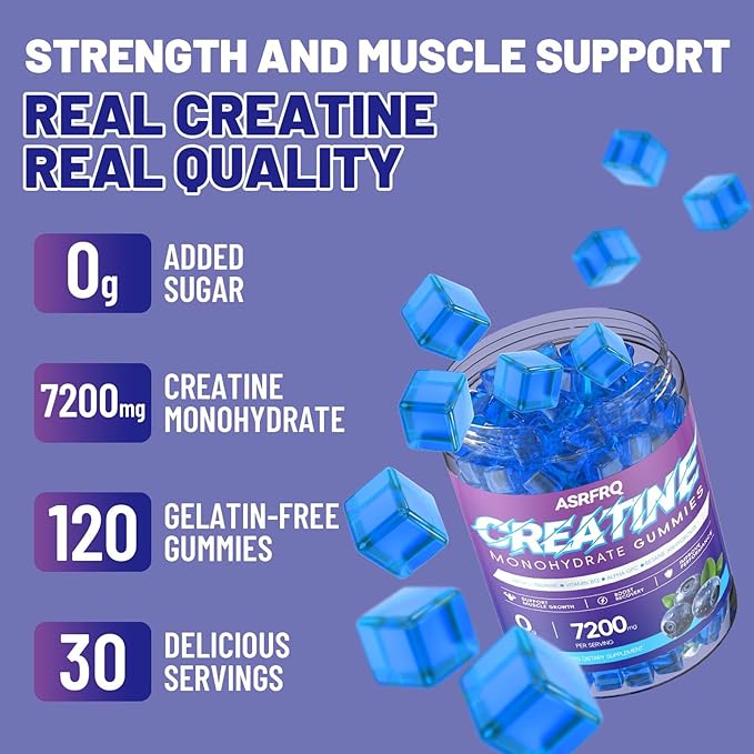 Creatine Monohydrate Gummies for Men & Women – 7200mg High Potency Strength, Muscle Growth & Energy Support Chews – Vegan, Sugar-Free, Non-GMO Workout Supplement for Gym Performance, Recovery