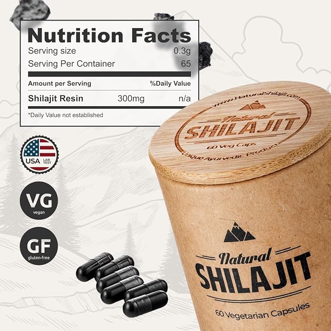 NATURAL SHILAJIT Capsules (2 Months Supply) - 60 Count - Shilajit for Men & Women with Fulvic Acid & Trace Minerals, Plant Based Nutrients for Energy, Immune Support & Vitality