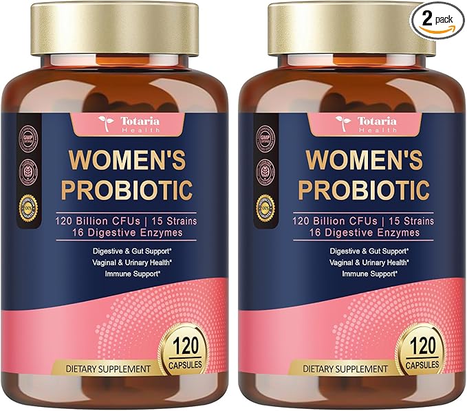 Totaria (2 Packs) Probiotics for Women, 120 Billion Women Probiotic, Digestive Enzymes & Prebiotics, with Akkermansia, Cranberry, D-Mannose, for Gut, Urinary, Immune, PH Balance, 240 Vegan Capules