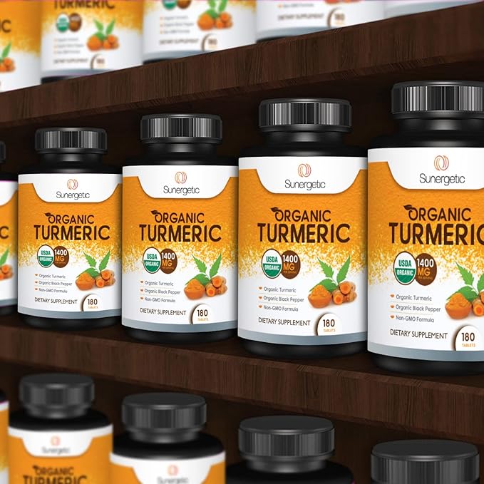 Sunergetic USDA Certified Organic Turmeric Supplement – Includes Organic Turmeric & Organic Black Pepper – 1,400mg of Turmeric per Serving - 180 Count (Pack of 1)