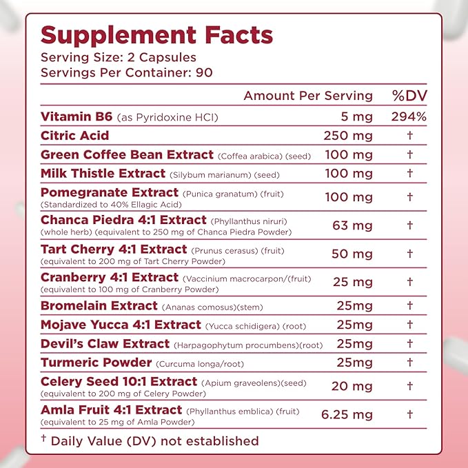 Herbal Uric Acid Support Formula - Kidney & Uric Acid Cleanse & Detox with Chanca Piedra Tart Cherry Celery Seed Bromelain & Cranberry Extract - Made in a GMP Certified Facility (90 Servings)