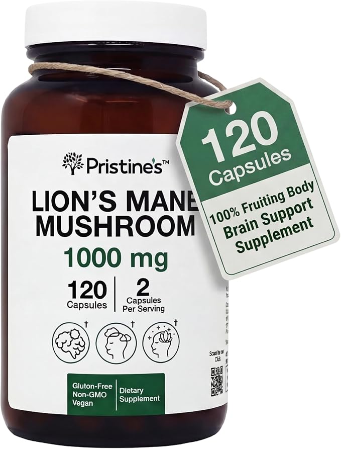PRISTINE'S Lion's Mane Mushroom Supplement Capsules - Focus & Cognitive Function Adaptogen - 1000mg 60 Day Supply - Immunity, Memory and Focus for Adults - Vegan - Non-GMO Glass Bottle