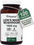 PRISTINE'S Lion's Mane Mushroom Supplement Capsules - Focus & Cognitive Function Adaptogen - 1000mg 60 Day Supply - Immunity, Memory and Focus for Adults - Vegan - Non-GMO Glass Bottle
