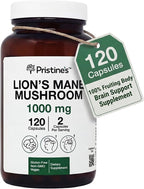 PRISTINE'S Lion's Mane Mushroom Supplement Capsules - Focus & Cognitive Function Adaptogen - 1000mg 60 Day Supply - Immunity, Memory and Focus for Adults - Vegan - Non-GMO Glass Bottle
