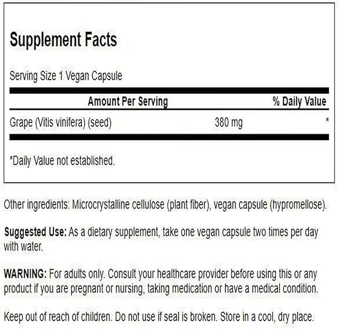 Swanson Grape Seed Heart Antioxidant Free Radicals Healthy Blood Pressure Support Polyphenols OPCS (Oligomeric Proanthocyanidins) Herbal Supplement 380 mg 100 Capsules
