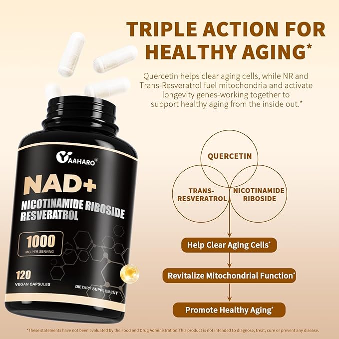 NAD Supplement 120 Capsules - Liposomal Nicotinamide Riboside w/Trans-Resveratrol & Quercetin - 1000mg NAD+ Supplement for Men and Women - Supports Energy and Focus - 60 Days Supply
