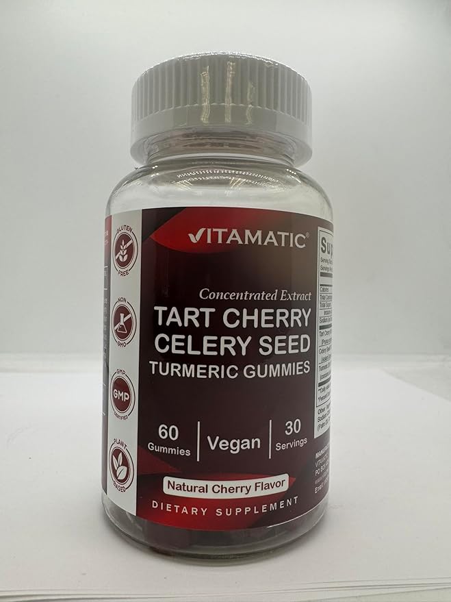 Vitamatic Tart Cherry (360 mg) with Celery Seed (30 mg) 10:1 Extract & Turmeric 20:1 Extract (10 mg) - (Per Serving/2 Gummies) - 60 Gummies (Pack of 2)
