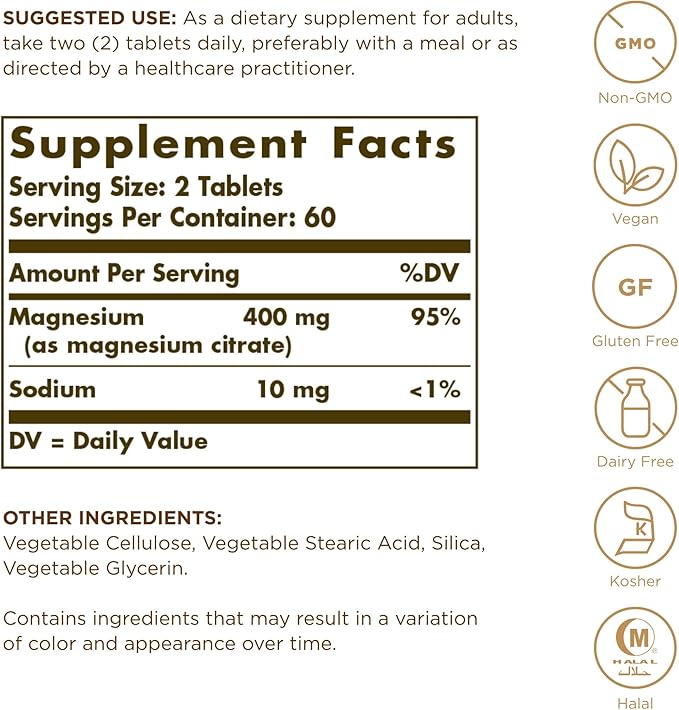 Solgar Magnesium Citrate - 120 Tablets, Pack of 2 - Promotes Healthy Bones, Supports Nerve & Muscle Function - Highly Absorbable - Non-GMO, Vegan, Gluten Free, Kosher - 120 Total Servings
