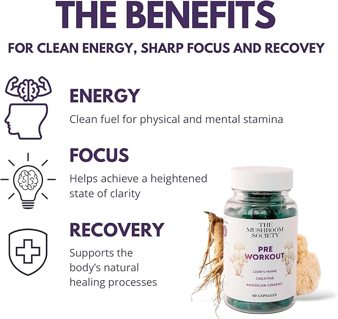 Pre-Workout Supplement - Focus & Performance Stack with Lion’s Mane, Creatine, American Ginseng & Beta-Glucans – Natural Energy & Endurance Without Caffeine - 60 Vegan Capsules