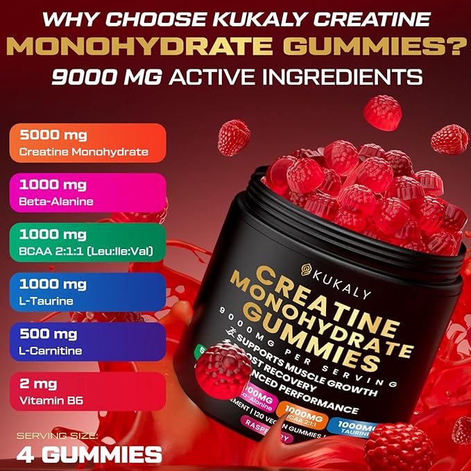 Creatine Monohydrate Gummies for Men & Women, 9000MG Creatine Gummies Sugar Free with L-Taurine, BCAA 2:1, B12 B6 for Boost Strength, Focus & Endurance, Vegan, Non-GMO, Raspberry 120pcs