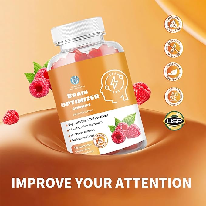 Gummies - Brain Supplement for Memory, Focus & Attention - Cognitive Support with Magnesium, Omega 3, Ashwagandha - 90 Count Raspberry Flavor