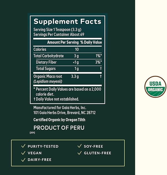 Gaia Herbs Maca Powder - Energy Supplement - Traditionally Used to Support Healthy Energy & Stamina* - Made with USDA Certified Organic Maca Root (Lepidium meyenii) - 8 Oz (69 Servings)