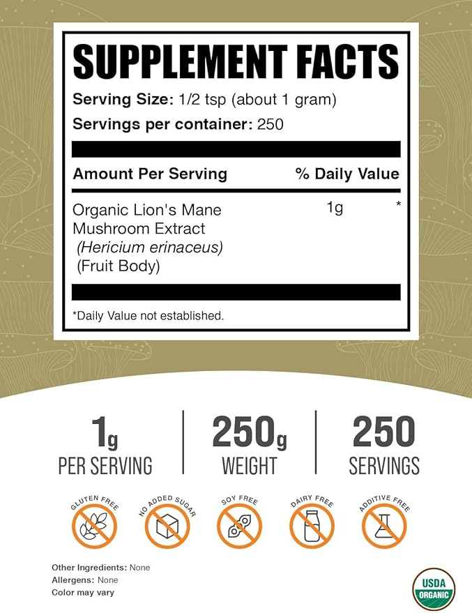 BulkSupplements.com Organic Lion's Mane Mushroom Extract Powder - Lions Mane Supplement Powder, Superfood for Well-Being - Vegan, 1g per Serving, 250g (8.8 oz) (Pack of 1)