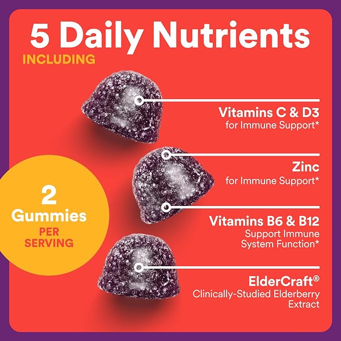 SmartyPants Kids Immunity Elderberry Gummies: Kids Immune Support Supplement, Vitamin C, Vitamin D, Vitamins B6 & B12 and Zinc, Gluten Free, Elderberry Flavor, 60 Count (30 Day Supply) (Pack of 2)