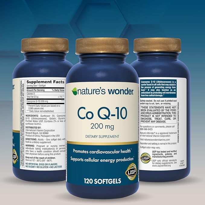 Nature's Wonder CoQ10 Supplement - CoQ10 200mg Softgels to Support Heart Health, Cardiovascular Function, and Cellular Energy Production, 120 Softgels, 120 Days Supply