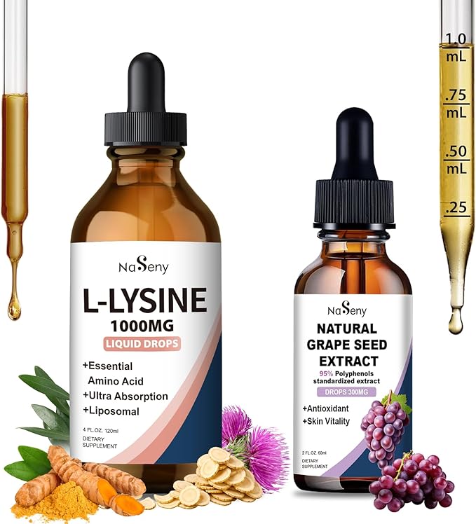L-Lysine 1000mg Liquid Drops, L-Lysine Supplement for Essential Amino Acid Supplement for Lips & Oral Health & Collagen Formation Support, Natural Grape Seed Extract Drops-300 mg Grape Seed Extract L