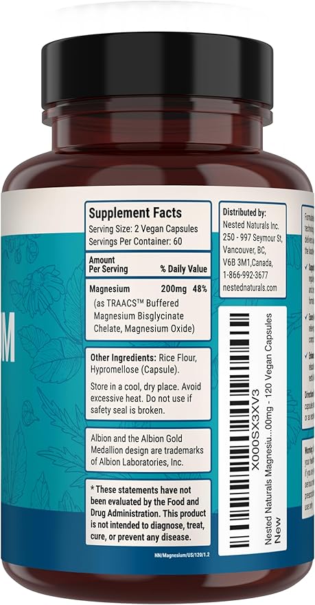 Nested Naturals Magnesium Glycinate Chelate - 200mg Magnesium Supplement for Muscle Cramps, Relaxation, & Sleep Support - 100% Albion TRACCS Buffered Magnesium Glycinate - 3-Pack (360 Vegan Capsules)