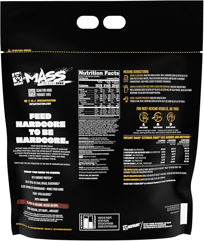 Mutant Mass Extreme 2500 - High Calorie Mass Gainer Whey Protein Powder with Creatine & Amino Acids - Muscle Building & Weight Gain for Hard Gainers - Triple Chocolate 12 lbs