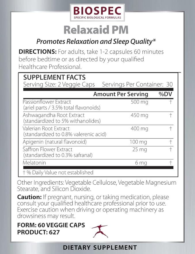BIOSPEC NUTRITIONALS RELAXAID PM - Melatonin, Saffron, Ashwagandha, Valerian, Passionflower, Apigenin, Sleep Support