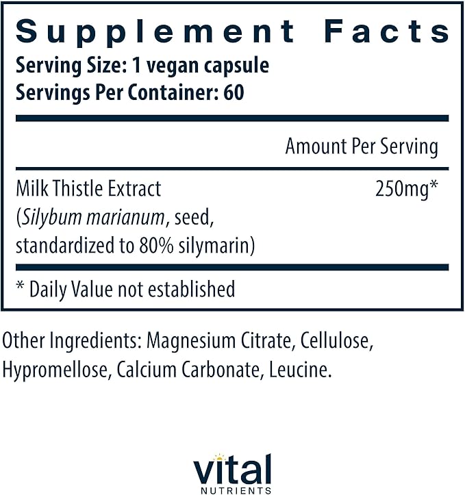 Vital Nutrients Milk Thistle Extract 250mg - Vegan Milk Thistle Supplement for Liver Function & Detox - Antioxidant Support for Glutathione Production - Gluten, Dairy, Soy Free - Non-GMO - 60 Capsules