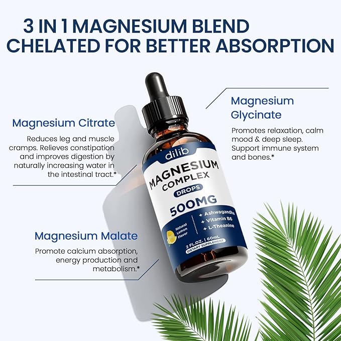 (2 Pack) Magnesium Glycinate, Citrate, Malate Liquid Drops-Triple Magnesium Complex Supplement 500mg with Ashwagandha, L-Theanine, Vitamin B6-Support Calm, Stress Relief, Sleep, Muscle-Lemon Flavor