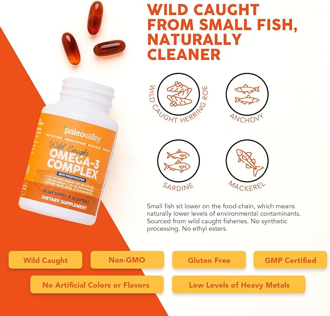 Paleovalley Omega-3 Complex, Wild Caught Fish Oil Softgels, 1,050mg Omega-3s, 750mg DHA, 187mg EPA, Phospholipid Bound Omega-3 Supplement for Brain, Heart and Joint Health, 28 Servings