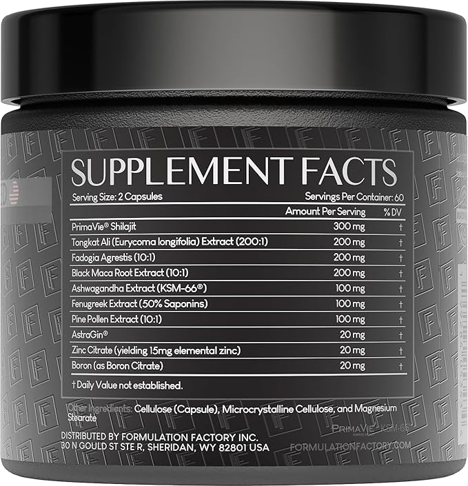 Formulation Factory Self Obsessed Maxxed Male Support - PrimaVie Shilajit, KSM-66 Ashwagandha & 200:1 Tongkat Ali Extract - Advanced Vitality & Drive Complex - 120 Capsules, 2 Month Supply