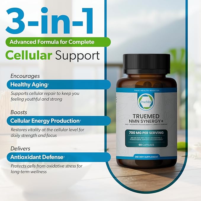NMN Synergy+ 700mg – Premium NMN Supplement with Resveratrol & Pterostilbene | Advanced NAD+ Supplement for Cellular Energy, & Wellness Support | Non-GMO, Vegan, 60 Capsules