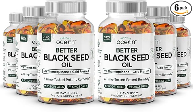 Organics Ocean Better Black Seed Oil Cold Pressed - Pure Nigella Sativa Oil for Immune Support - 5% Thymoquinone - Support Memory, Vitality, and Cellular Health - 6 Pack Bulk Supply