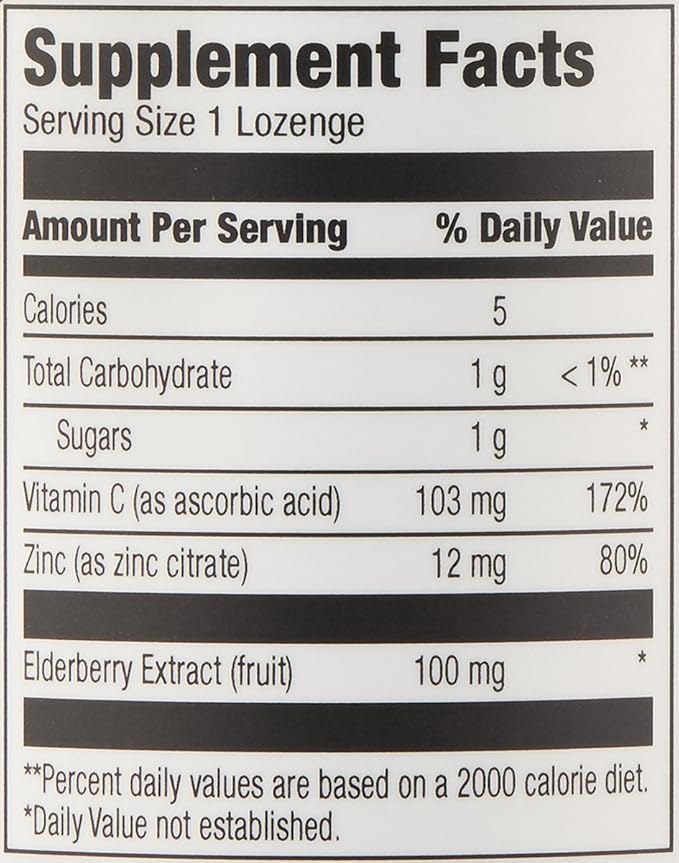 Amazon Elements Elderberry Complex, Immune System Support, 60 Berry Flavored Lozenges, Elderberry 100mg, Vitamin C 103mg, Zinc 12mg per Serving (Packaging may vary)