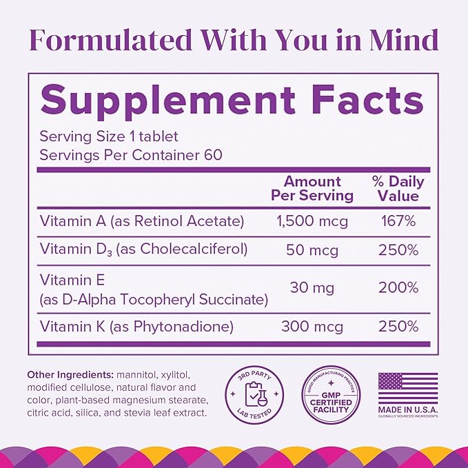 Barimelts ADEK - 60 Fast-Dissolving Tablets (2-Month Supply) - Sugar-Free Bariatric Vitamins for Women Including Vitamin A, Vitamin D, Vitamin E & Vitamin K, Natural Strawberry Flavor